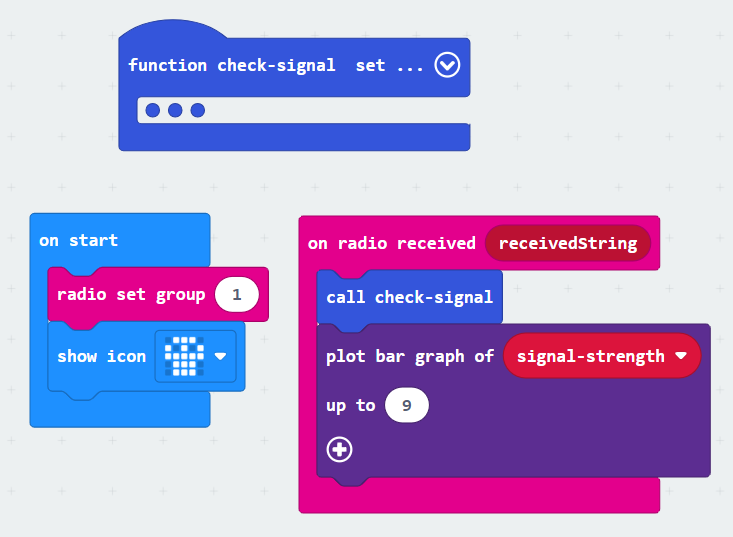 code as described above, with three events showing: function check-signal; on start; on radio received receivedString